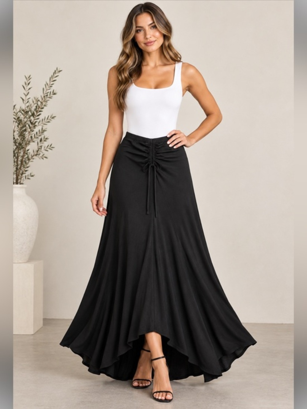 Fashion Nova Black Ruched Drawstring High Low Maxi Skirt Medium